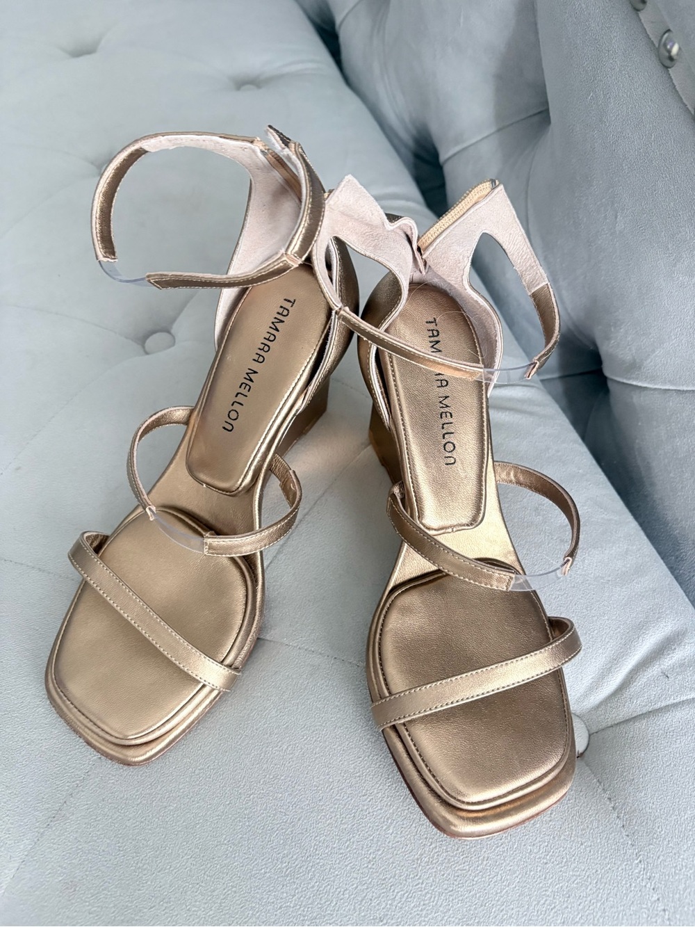 Tamara Mellon Rose Gold Strappy Block Heel Sandals